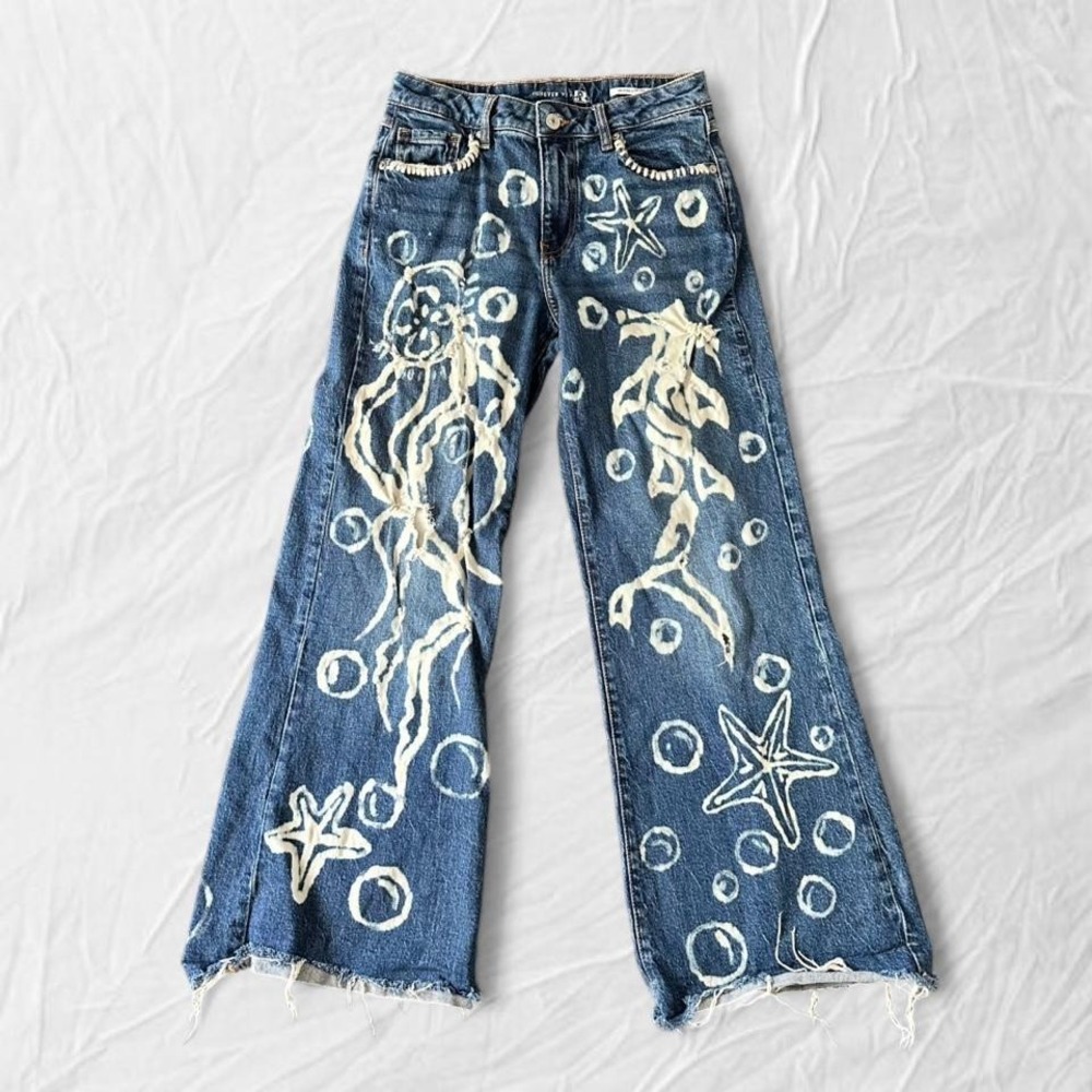 Y2K painted flare jeans ocean print wide leg
